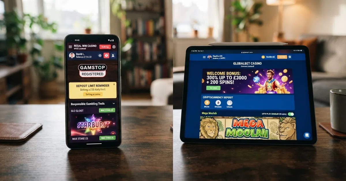 A split-screen illustration contrasting a UKGC-regulated casino dashboard showing deposit-limit prompts, GAMSTOP badge and a £5 stake cap against an offshore casino interface displaying crypto deposit options, a 300% bonus banner and auto-play toggle