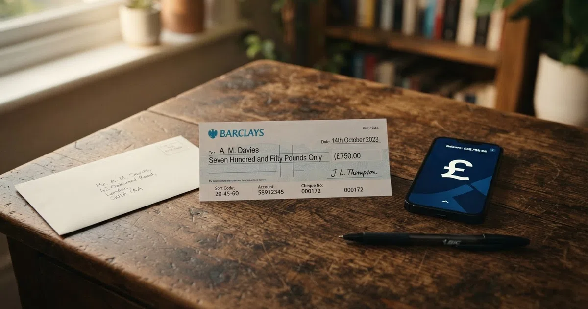 A printed UK bank cheque resting on a desk beside a smartphone showing an online casino cashier, with a pen and addressed envelope nearby