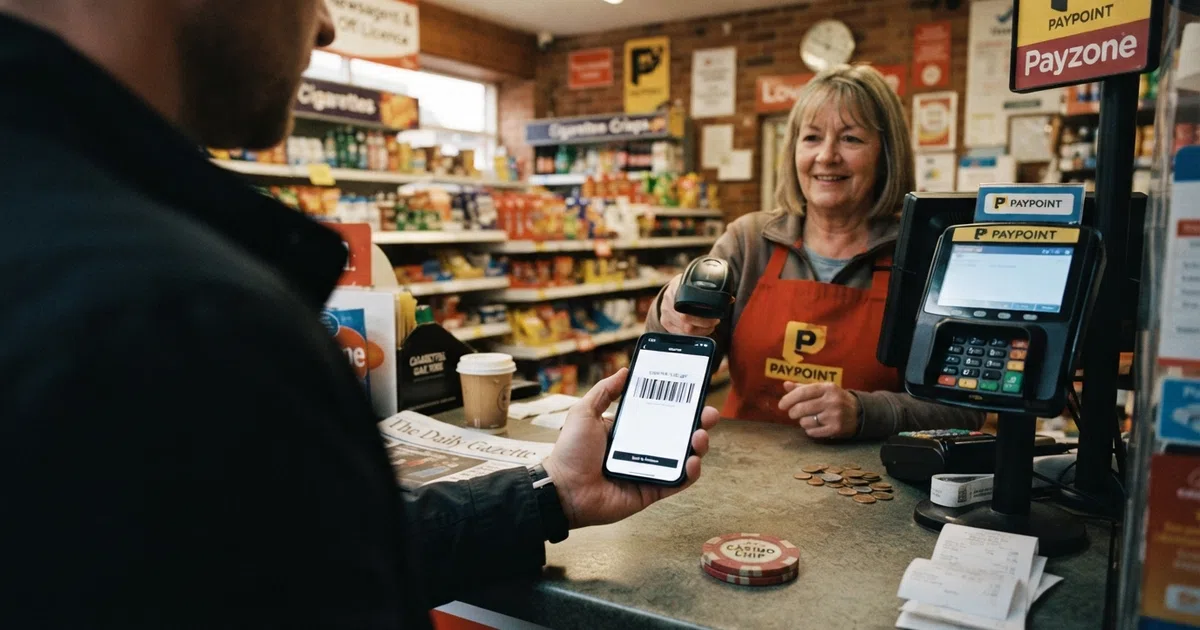 A UK casino player holding a smartphone displaying a CashtoCode barcode beside a PayPoint shop counter