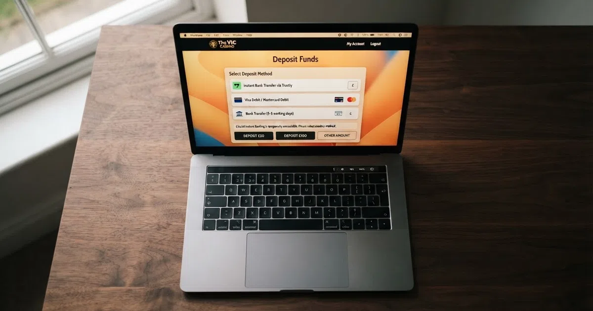 A UK online casino cashier screen displaying deposit method options including bank transfer, debit card and Trustly, with a greyed-out or absent Citadel Instant Banking button, on a laptop screen