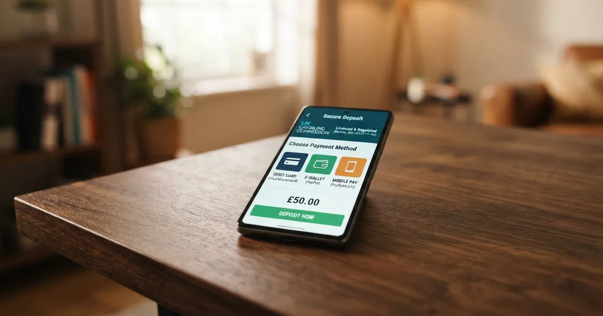 A smartphone showing a UK online casino deposit screen with available payment method icons including a debit card, PayPal and Apple Pay