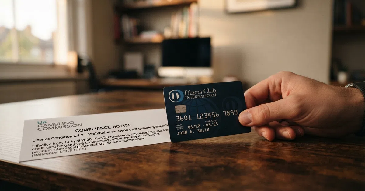 A Diners Club International credit card beside a UK Gambling Commission compliance notice on a desk