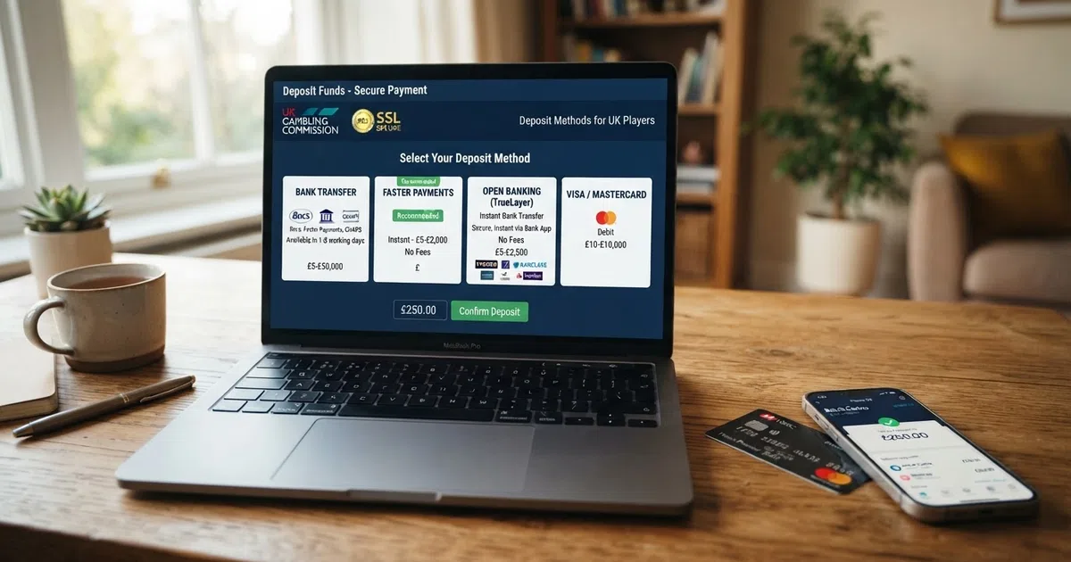 A UK online casino cashier screen showing bank transfer, Bacs, Faster Payments and open banking as deposit options, with a British bank card and a smartphone displaying a banking app beside a laptop
