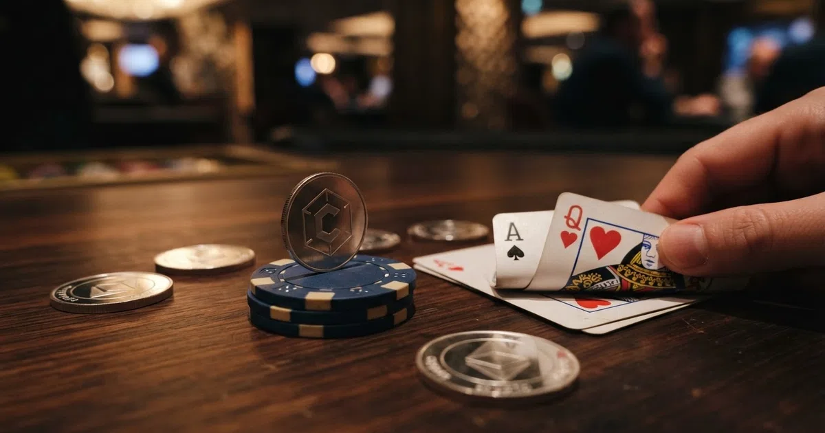 Ethereum coins next to a casino chip and a hand of playing cards