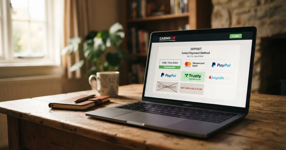 A laptop screen showing a UK online casino cashier page with payment method icons, Instadebit crossed out or absent while PayPal, Visa and Trustly are highlighted