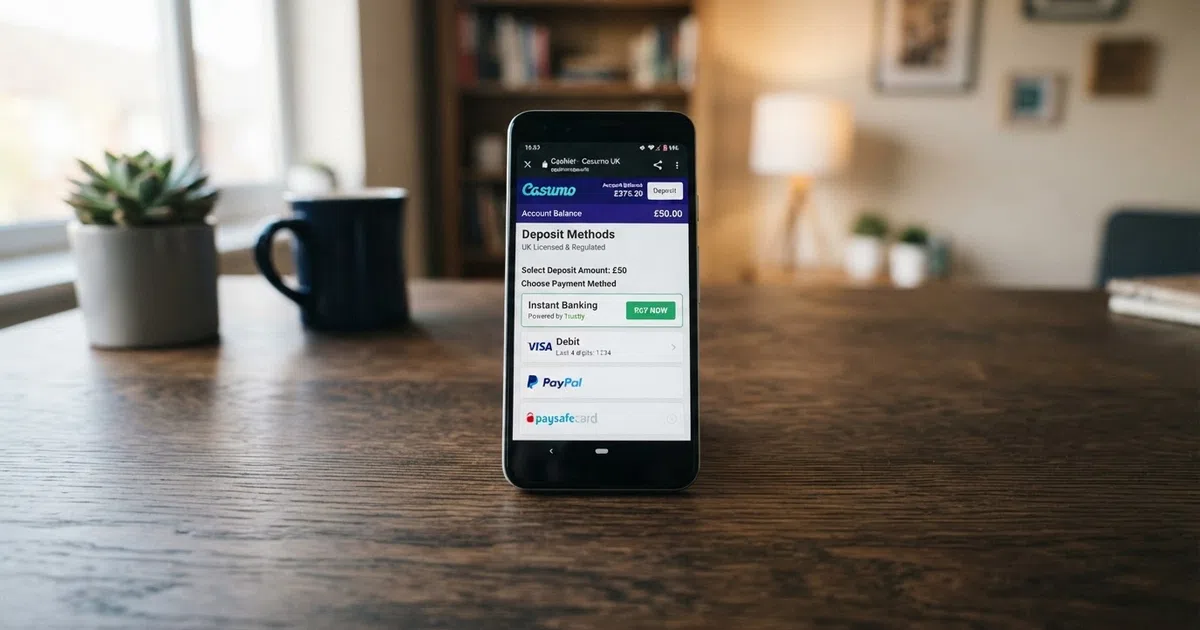 A smartphone screen showing a UK online casino cashier with the Klarna Pay Now option highlighted among the deposit methods
