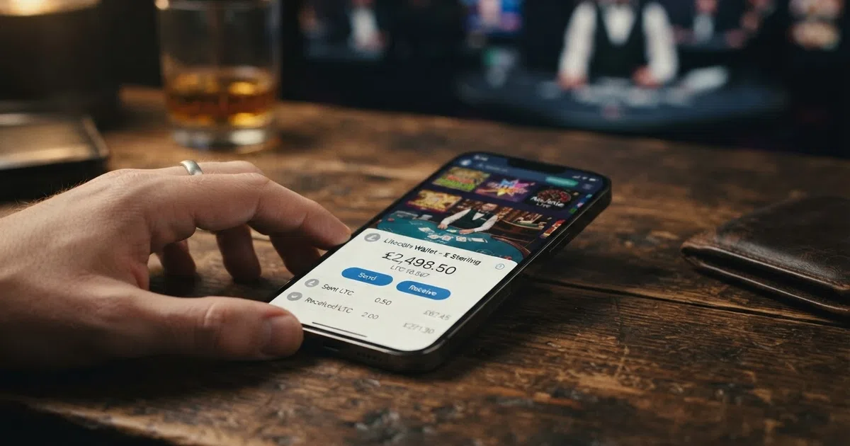 A smartphone screen showing a Litecoin wallet balance beside a casino lobby with slot thumbnails and a live-dealer table, set against a dark background that suggests the offshore digital-gambling space
