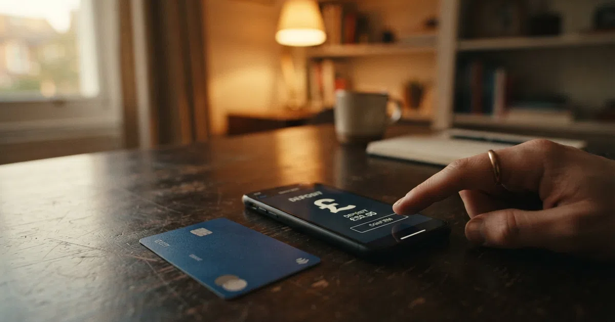 A Maestro debit card beside a smartphone showing a casino deposit screen