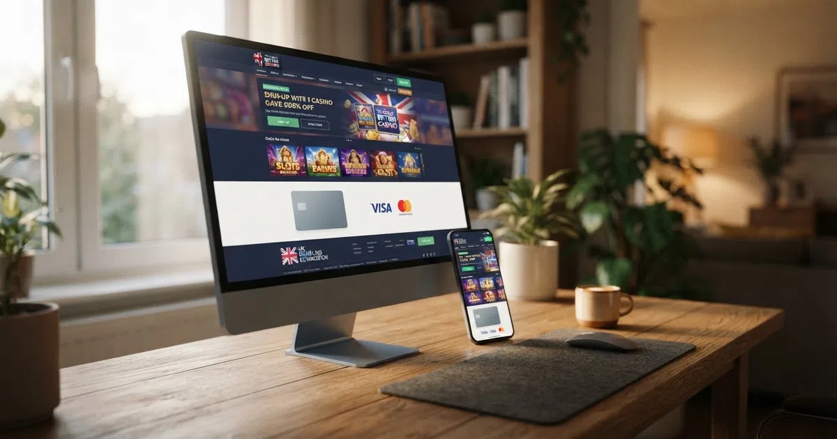 A desktop and mobile phone screen displaying the homepage of a UK-licensed online casino, with Mastercard and Visa debit card logos visible in the banking-options footer alongside the UKGC licence badge
