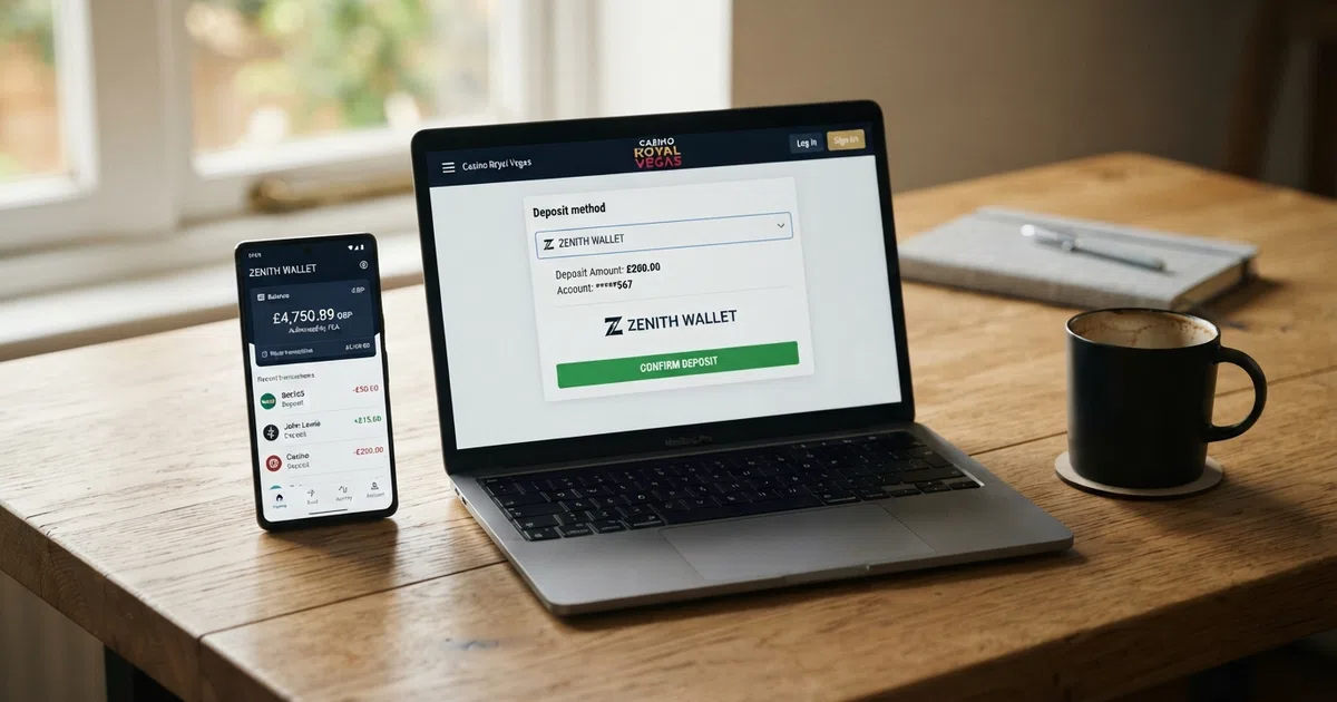 A smartphone screen displaying the MiFinity e-wallet app interface beside a laptop showing an online casino cashier with MiFinity selected as the deposit method