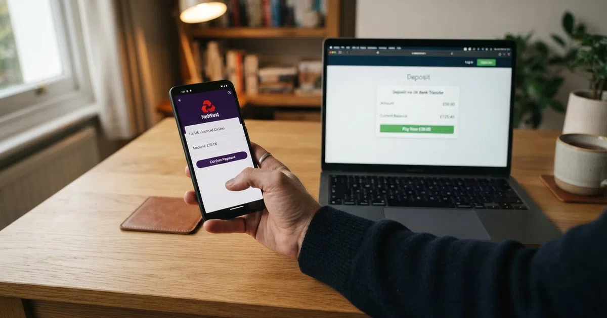 A UK consumer holding a smartphone displaying the Monzo banking app, with a casino website visible on a laptop screen in the background — the two digital surfaces sit side by side on a desk