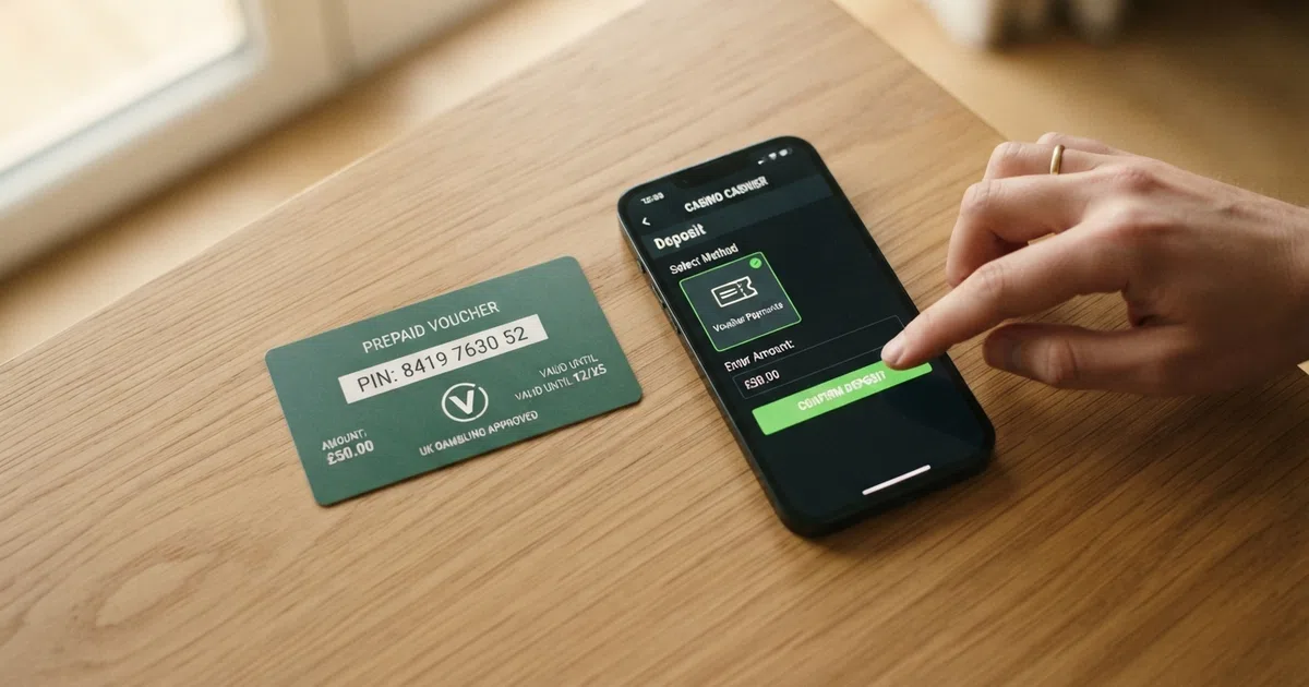 A Neosurf voucher with its 10-digit PIN visible beside a smartphone displaying a UK online casino cashier screen with the Neosurf logo selected as the deposit method