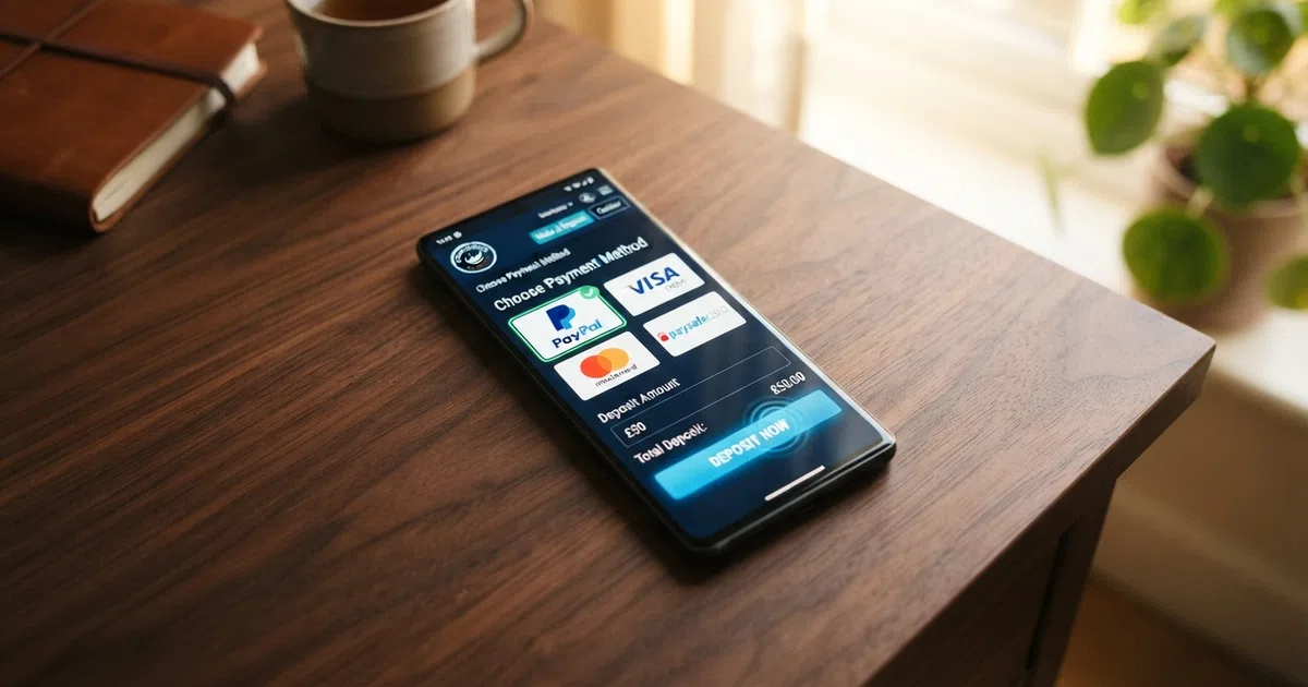 A smartphone screen showing a UK online casino deposit page with PayPal listed among the payment method icons alongside Visa and Mastercard