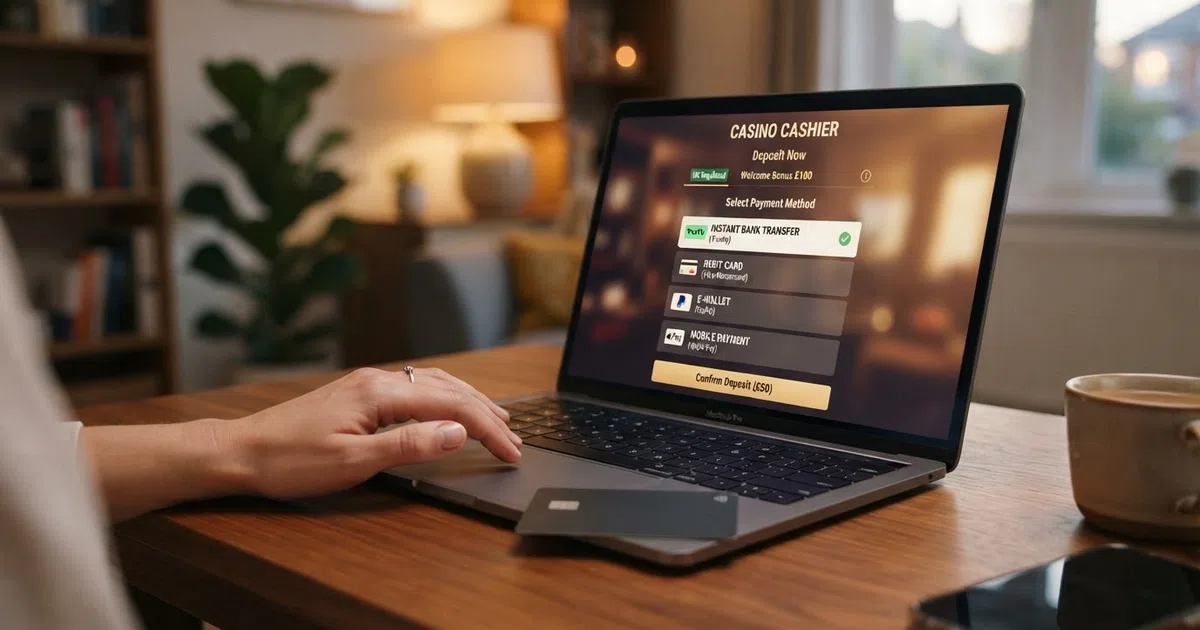 A UK online casino banking page showing deposit-method icons for Trustly, PayPal, debit card and Apple Pay — with no POLi logo present among them