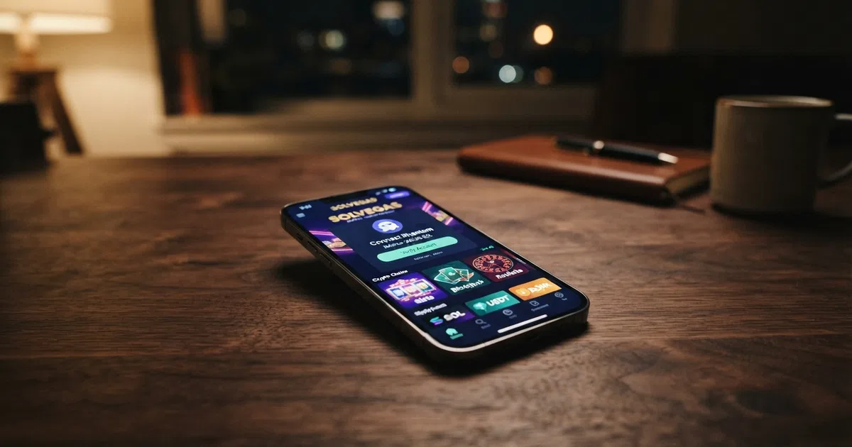 A smartphone screen showing a crypto casino game lobby with a Phantom wallet connection prompt and a SOL balance displayed