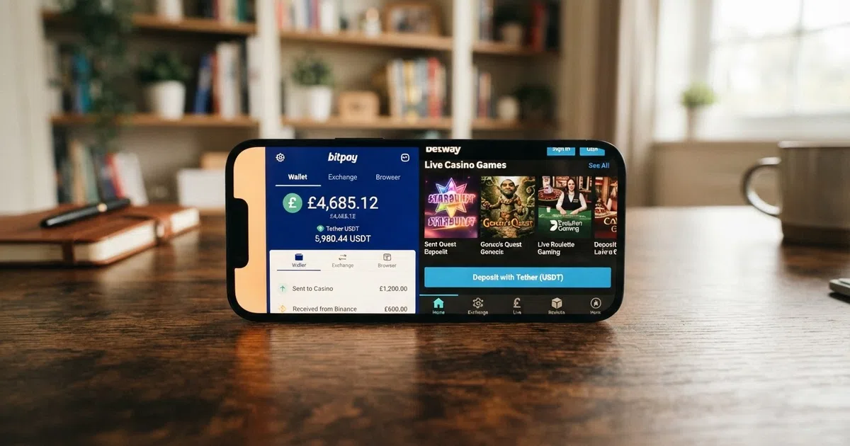 A smartphone screen showing a cryptocurrency wallet app beside a casino lobby with slot tiles and a Tether (USDT) deposit option highlighted
