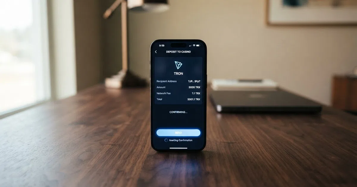 A phone screen showing a TRX wallet sending a deposit to an online casino's TRON address