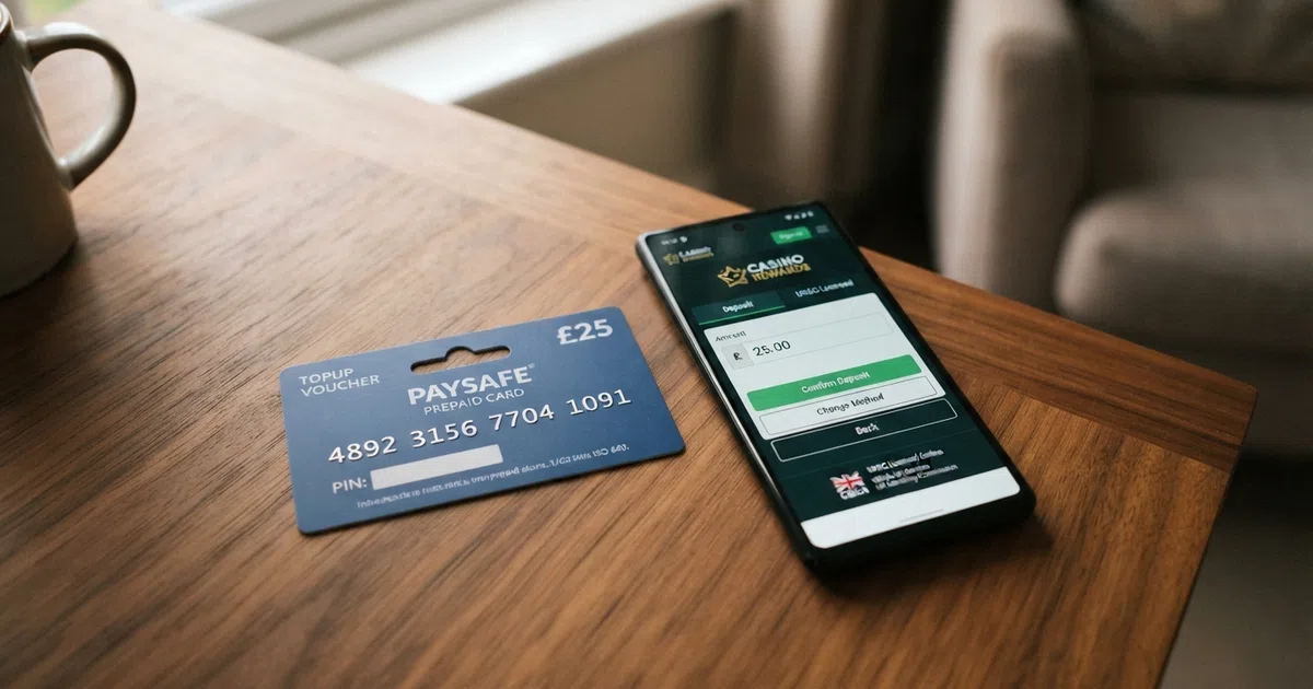 A paysafecard voucher with its 16-digit PIN visible, placed on a desk beside a smartphone displaying a UK-licensed casino deposit screen