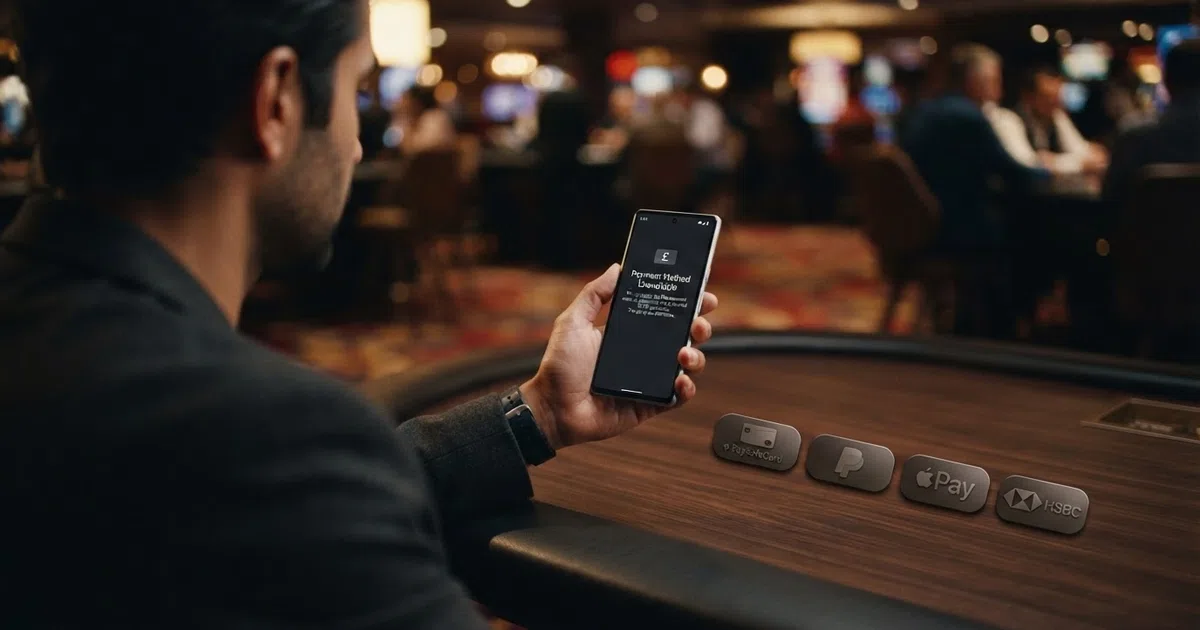 A UK casino player looking at a smartphone displaying a “payment method unavailable” message beside a row of alternative payment icons — debit card, PayPal, Apple Pay, and Trustly — on a neutral dark background