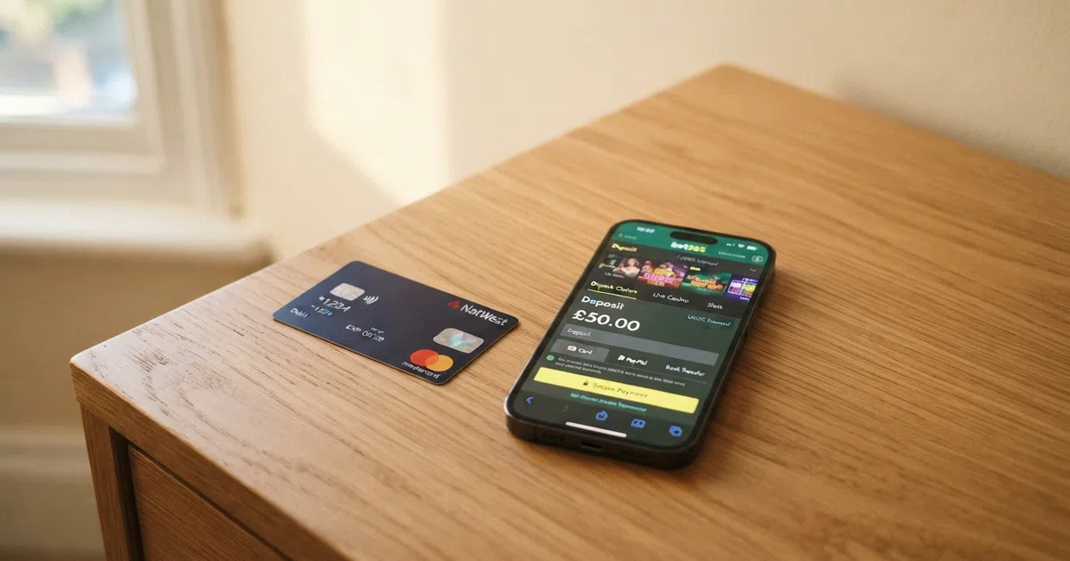 A UK-issued Visa Debit card held beside a smartphone showing an online casino lobby with a deposit screen open