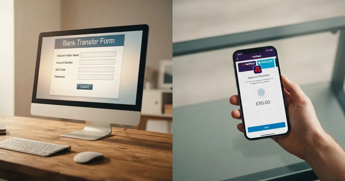 A split-screen comparison: on one side a desktop browser showing a casino banking page with a traditional wire transfer form displaying account-number and sort-code fields, on the other side a mobile phone showing an open-banking authentication screen with a biometric prompt