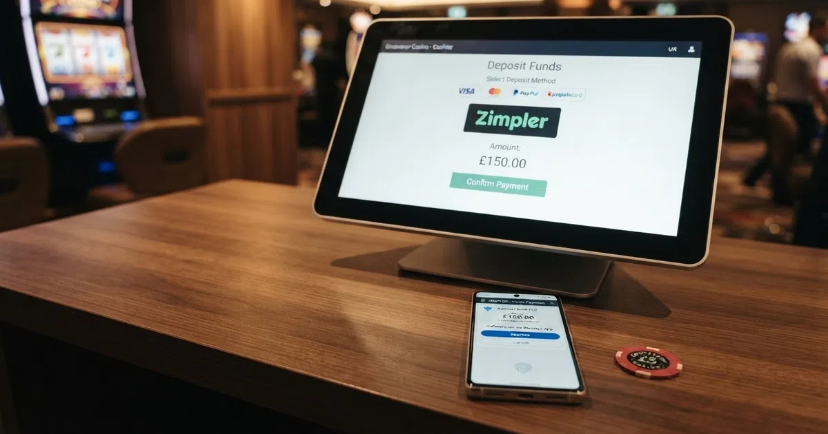 A UK casino cashier screen showing Zimpler among the deposit options, with a smartphone displaying a bank-authentication overlay beside it