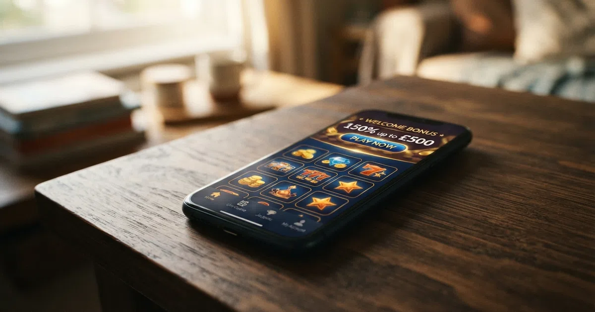 A smartphone held over a dark table showing an offshore casino lobby with slot tiles, a welcome bonus banner and a play button