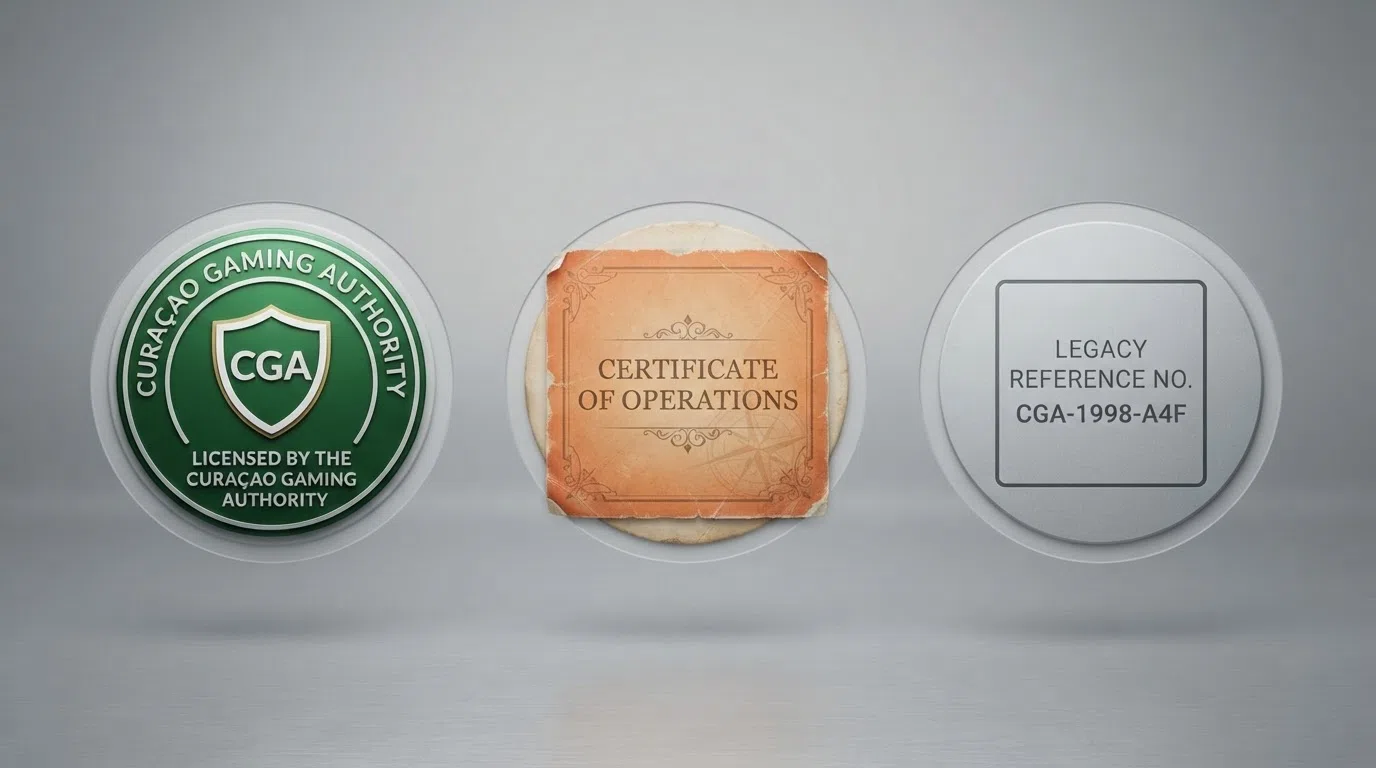A close-up comparison showing three casino footer seals side by side: the current CGA green seal, the expired orange Certificate of Operations, and a legacy /JAZ reference with no clickable seal at all