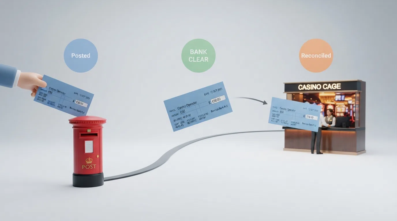 An illustrated timeline showing a cheque moving from the player's hand through the post to a casino cage, with a calendar overlay marking the banking and casino processing stages
