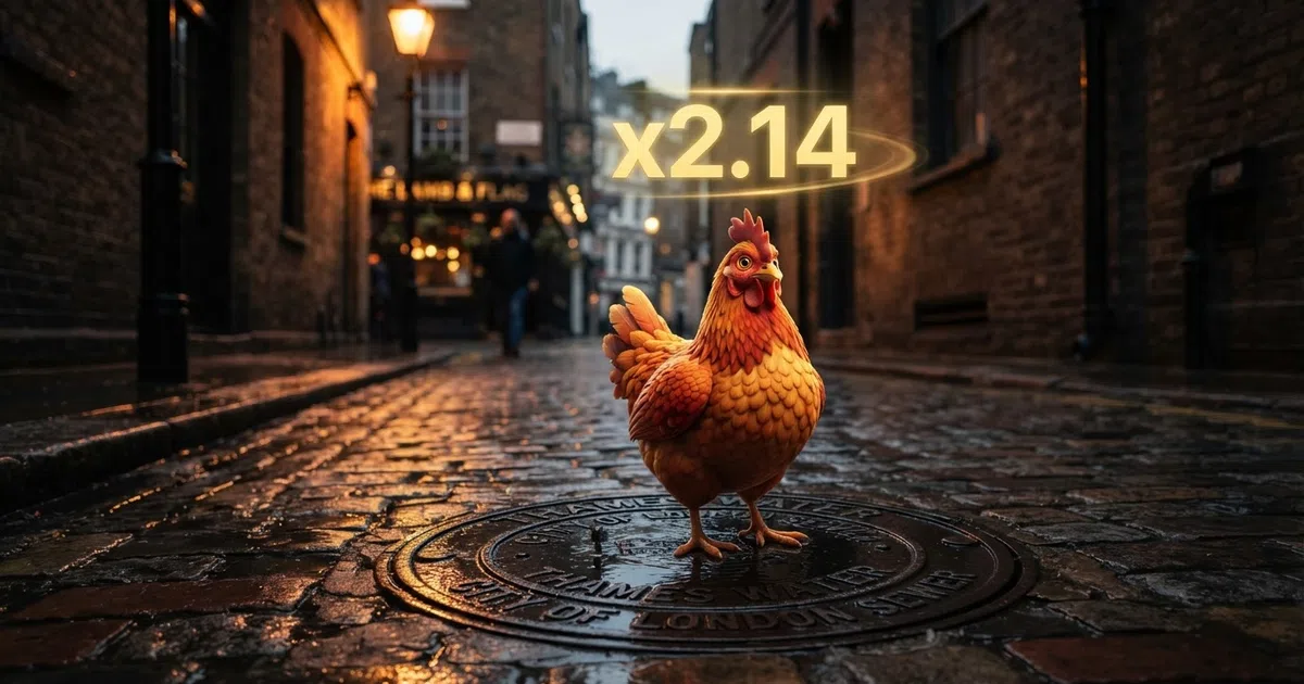 A cartoon-style chicken character standing on a road lined with manhole covers, a multiplier counter visible in the game interface beside it