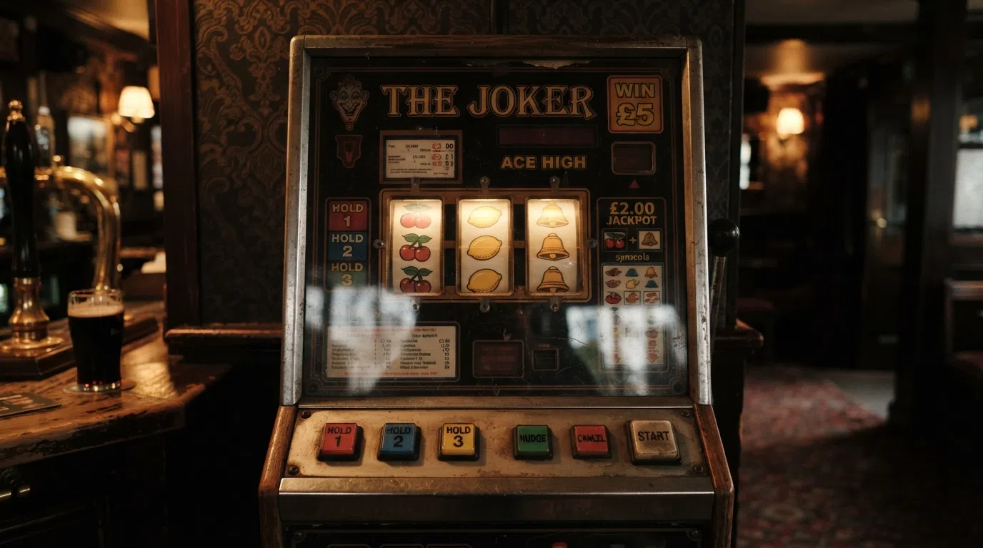 A vintage British pub fruit machine with worn metallic buttons labelled Hold and Nudge, its three reels displaying mixed fruit and BAR symbols