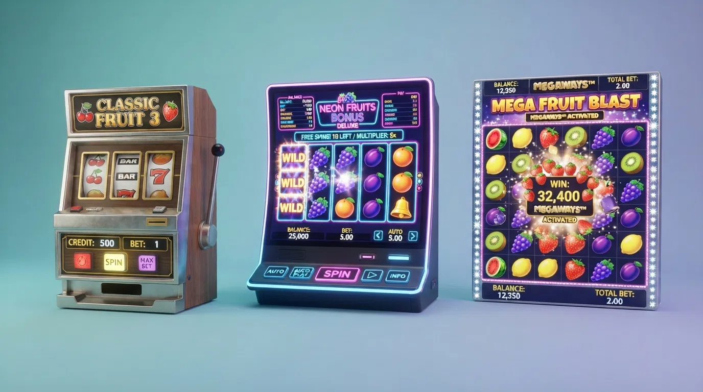 A three-panel comparison showing a 3-reel classic fruit slot (BARs and sevens on a single payline), a 5-reel video fruit slot with free-spin bonus round active, and a cluster-pays grid with cascading fruit symbols.