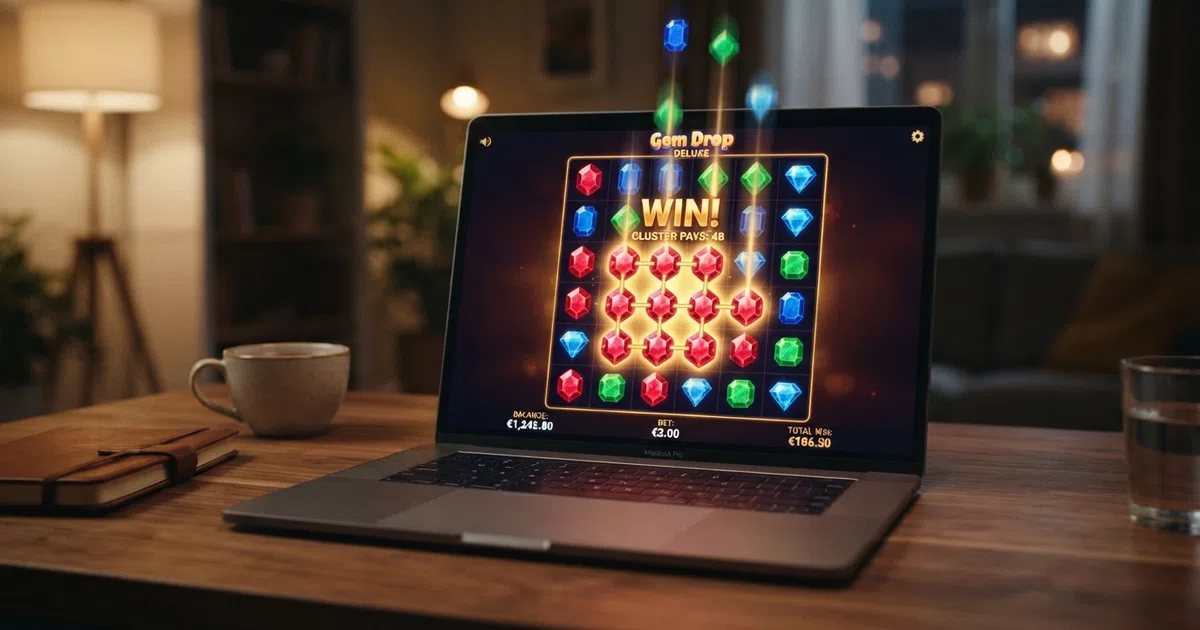 A colourful online slot grid showing a highlighted winning cluster of matching symbols connected horizontally and vertically across a 7×7 layout, with a cascade animation in progress