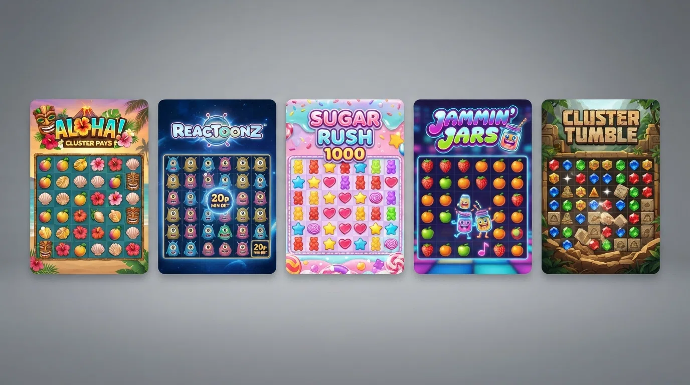Five cluster pays slot title cards arranged side by side, each showing its distinctive grid size and visual style — from the tropical Aloha! Cluster Pays to the candy-coloured Sugar Rush 1000