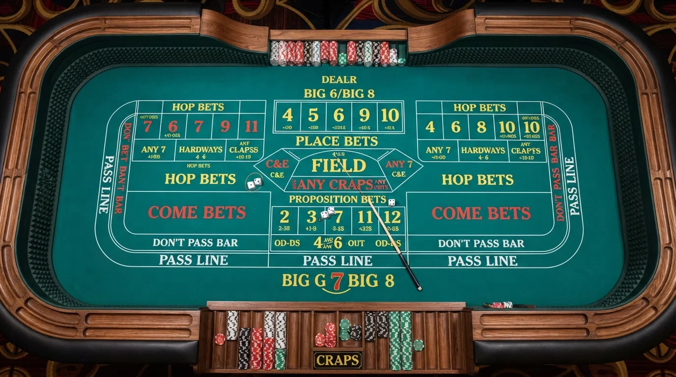 A green craps table layout viewed from above, showing the pass-line betting area, the don't-pass bar above it, and the proposition bet boxes across the centre