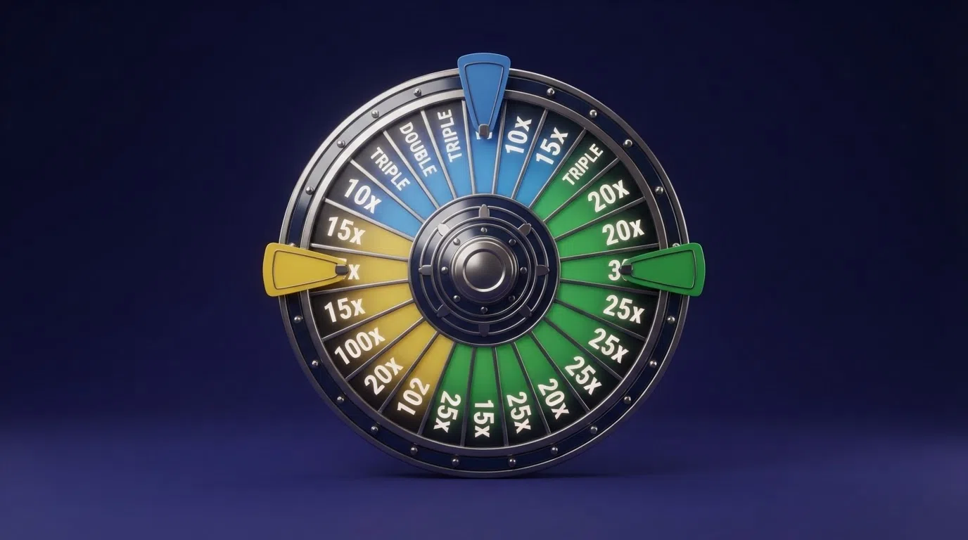 The Crazy Time bonus round virtual wheel with its three flapper colours — blue, green and yellow — and multiplier values displayed on each segment