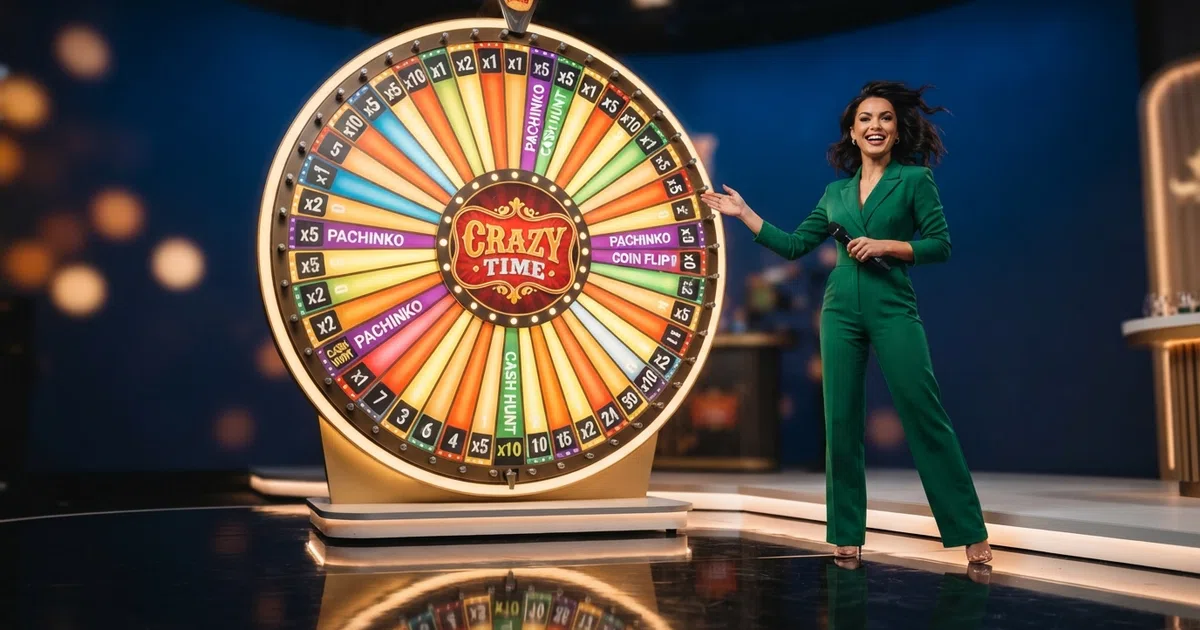 A live presenter stands beside the brightly lit Crazy Time digital money wheel in Evolution's Riga studio, with the 54 coloured segments and multiplier values visible