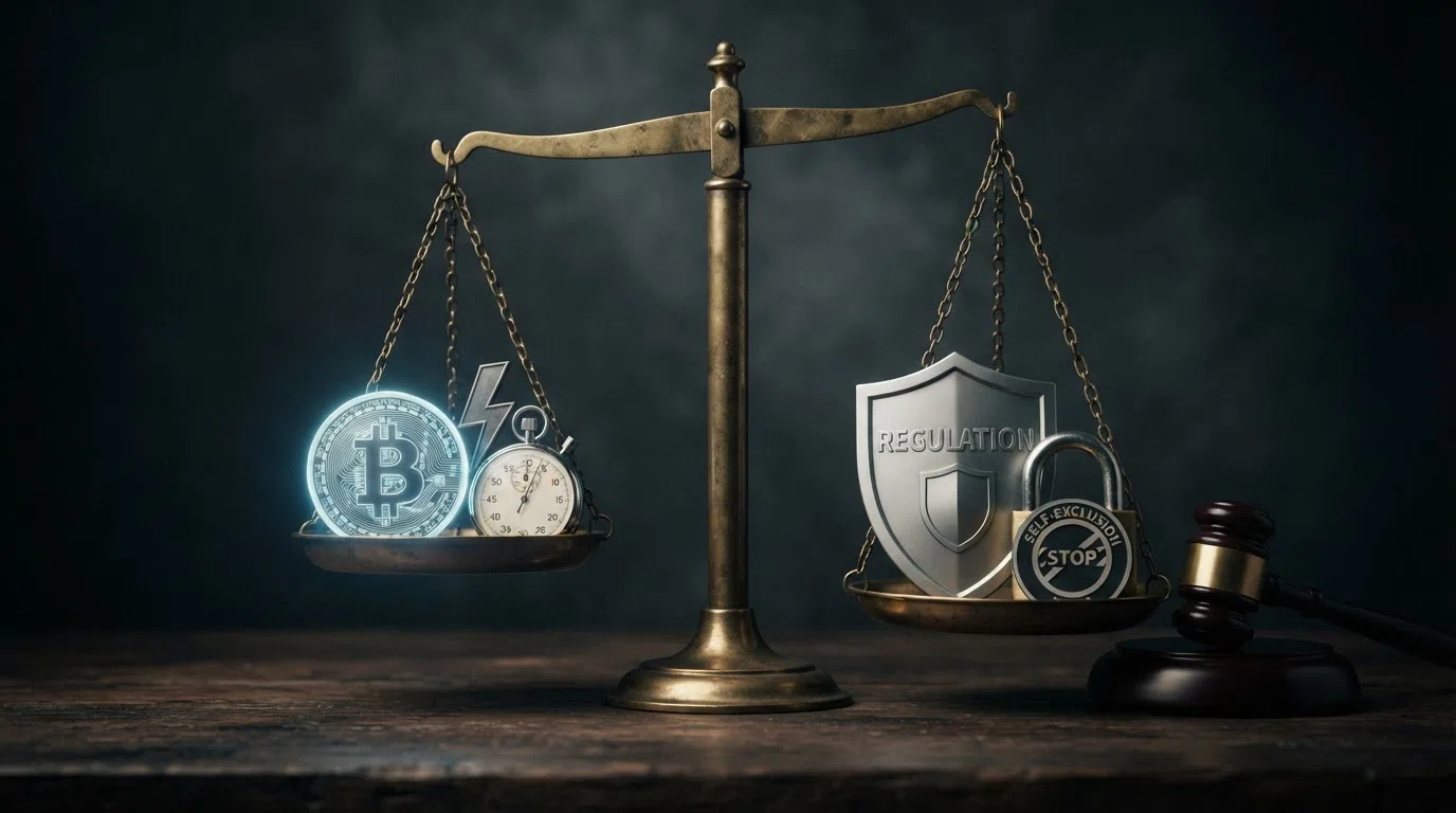 A set of balance scales: on one side a Bitcoin symbol with a lightning bolt and a stopwatch showing near-zero; on the other side a UKGC shield with a padlock, a GAMSTOP logo and an ADR gavel, weighing heavier.