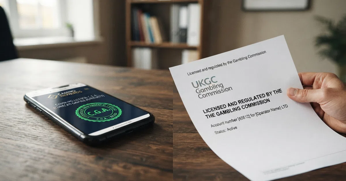 A split-screen composition: on the left, a Curacao casino website footer showing a green CGA licence seal; on the right, the UK Gambling Commission logo with the text “Licensed and regulated by the Gambling Commission”