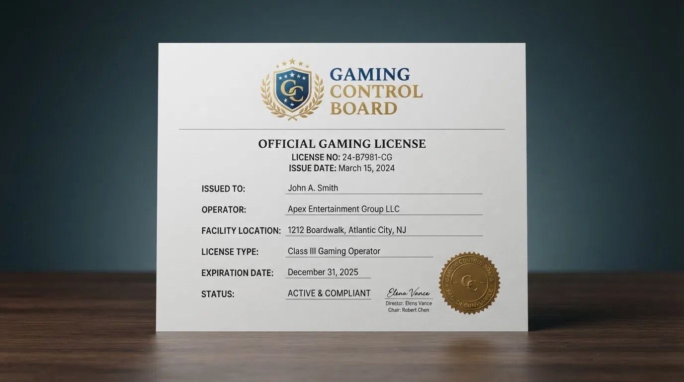 A Curaçao Gaming Control Board licence certificate next to a smartphone showing a casino cashier page with GBP deposit options