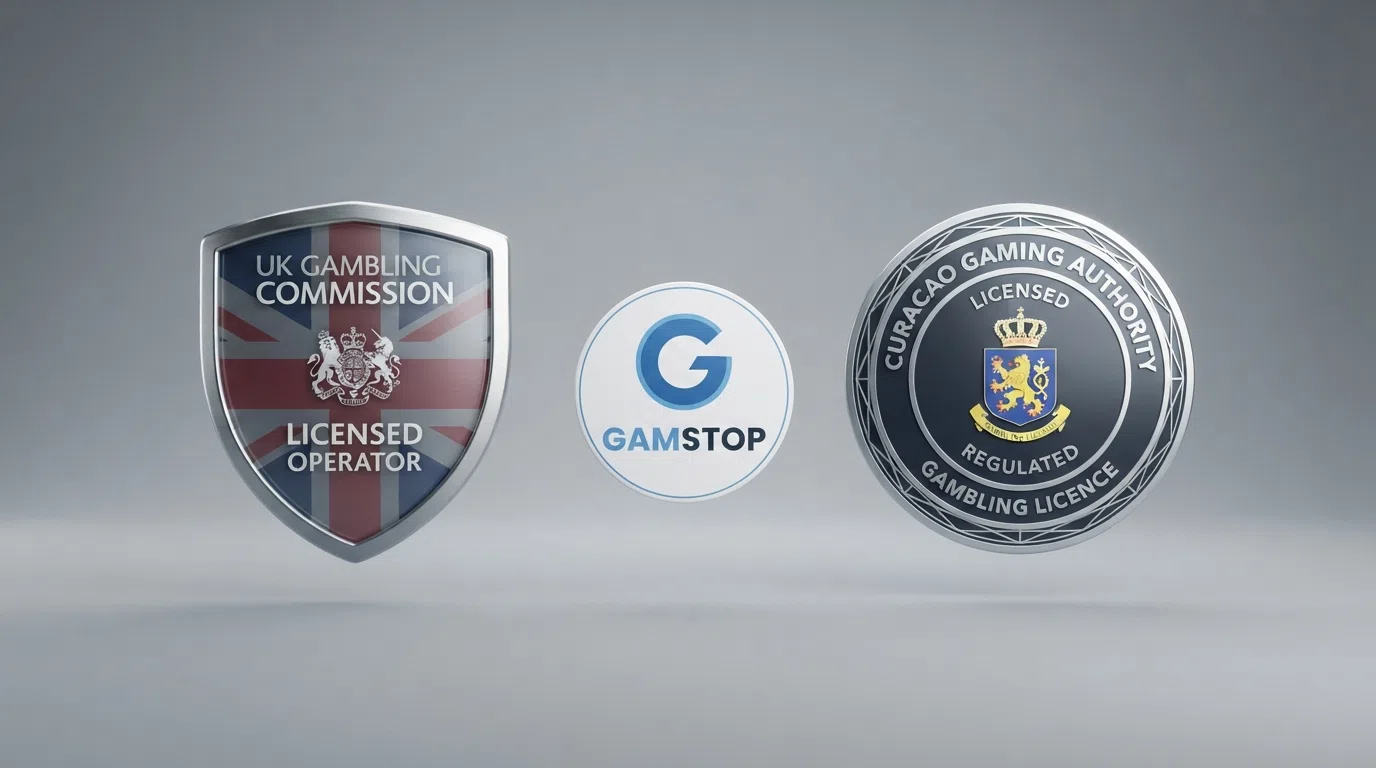 A split visual contrasting two regulatory symbols side by side — a UKGC licence badge and a CGA Curacao licence seal — with the UKGC side carrying a GamStop logo and the Curacao side without one