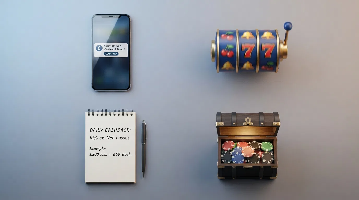 Four illustrated panels comparing the four structural daily bonus patterns — reload match percentage, free-spin drop on a slot reel, cashback percentage with a calendar icon, and a prize-drop chest — with their typical UK value ranges annotated