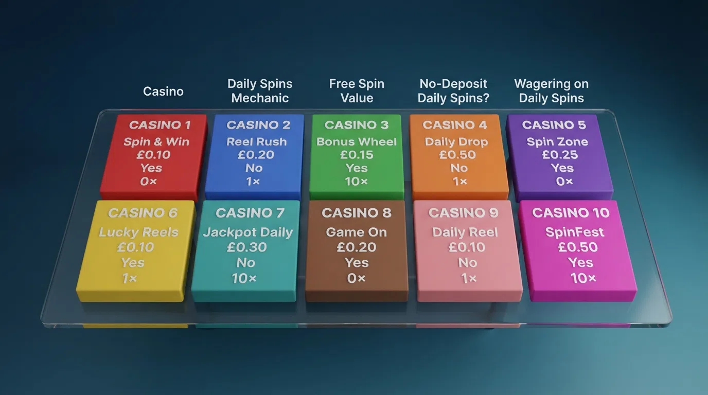 A grid comparing UK casino logos with their daily free spin mechanic types, spin values and wagering requirements