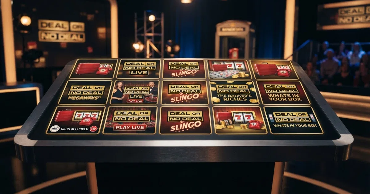 A grid of Deal or No Deal online casino game title cards — slot reels, the Banker's red telephone and briefcase icons from Megaways, Live and Slingo variants