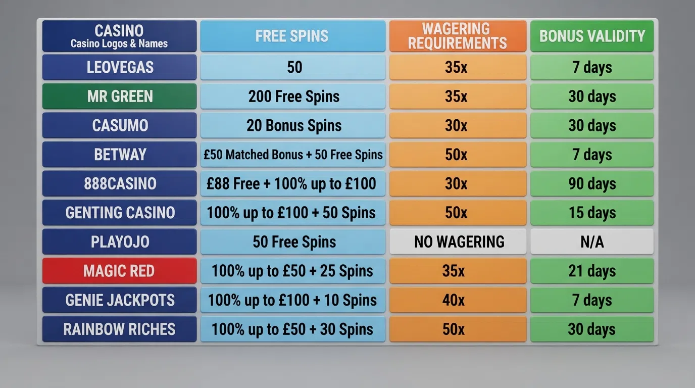 A side-by-side grid comparing welcome offers from ten UK-licensed casinos, with columns for free spins, wagering requirements and bonus validity highlighted