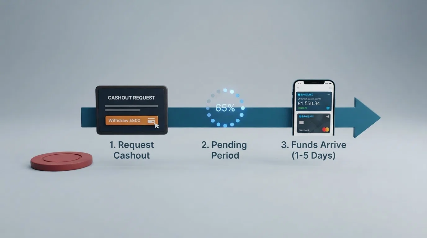 A timeline graphic showing the debit card withdrawal process from cashout request through pending period to funds arriving in a UK current account