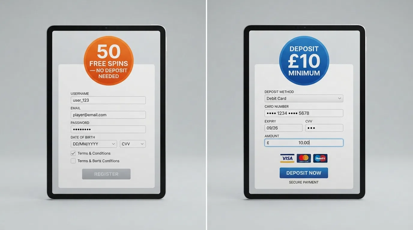 A split-screen visual: the left side shows a registration screen with a “50 Free Spins — No Deposit Needed” badge, and the right side shows a deposit screen with a £10 minimum highlighted, illustrating the divide between deposit-free and deposit-triggered welcome offers.