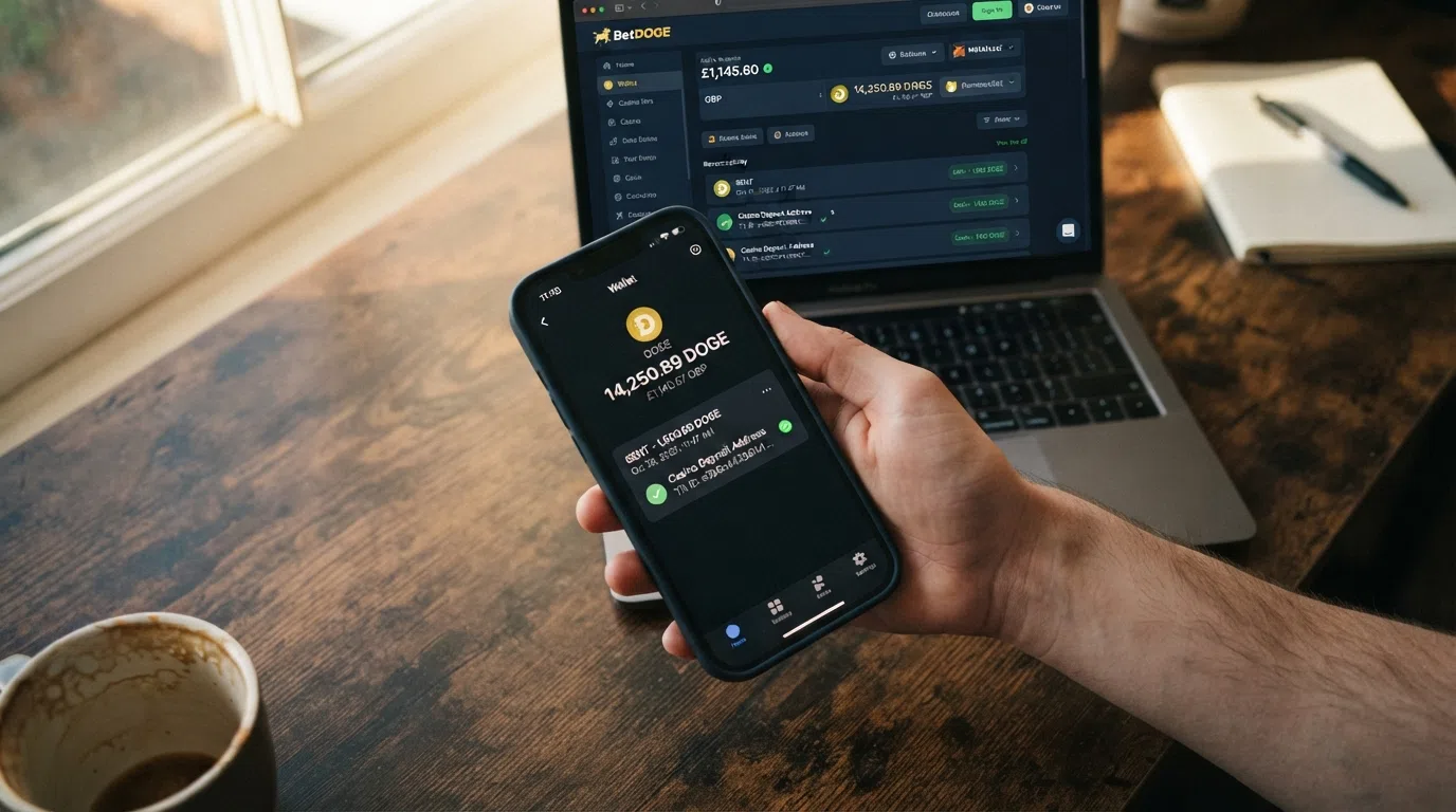 A dogecoin wallet interface showing a completed transaction, with a casino balance screen in the background
