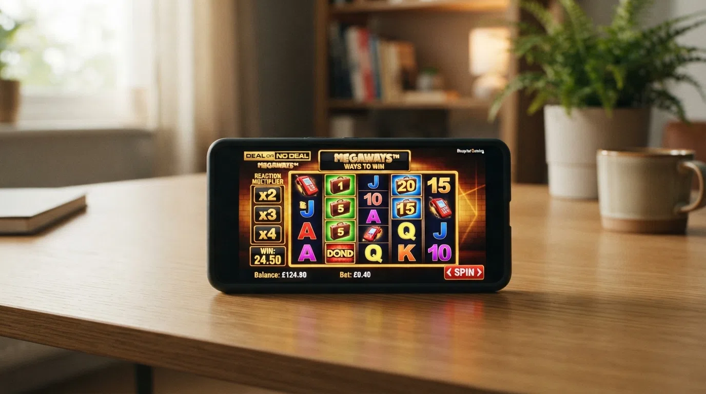 A gameplay screenshot of Deal or No Deal Megaways showing cascading reels, the Megaways win-ways counter at the top and a box-pick bonus round overlay