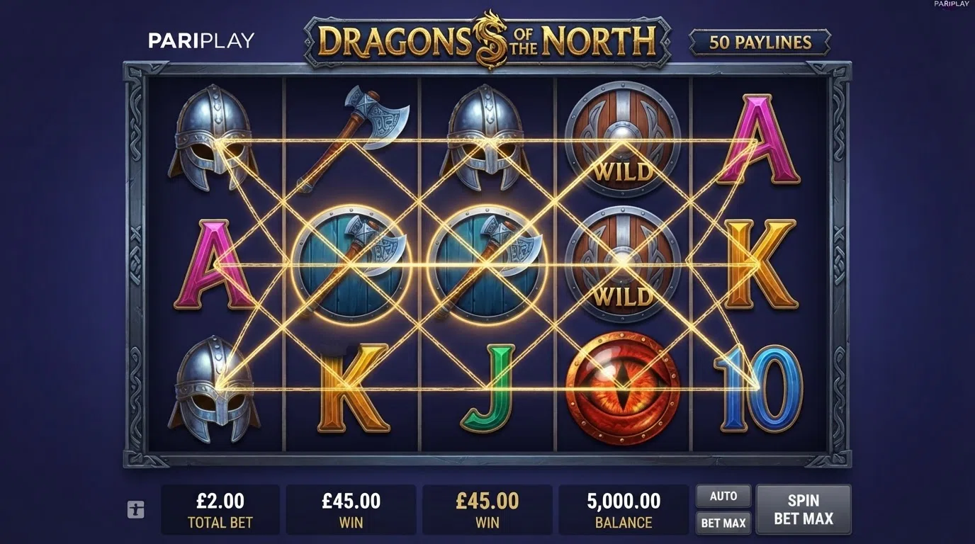 The five-reel gameplay screen of Dragons of the North showing its 50-payline layout and medium-volatility symbol set